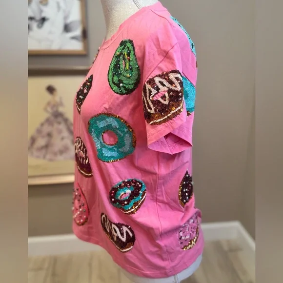 New! QUEEN OF SPARKLES Pink Sequin Donut Tee - Picture 11 of 13